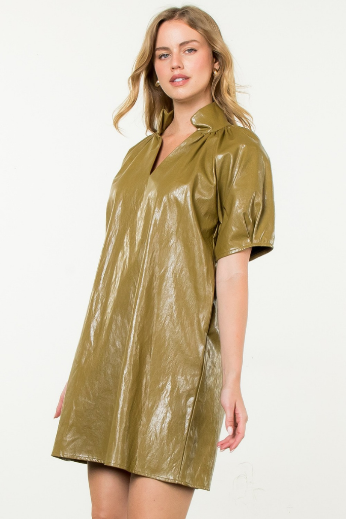 Honeycrisp Pleather Mini Dress in Olive