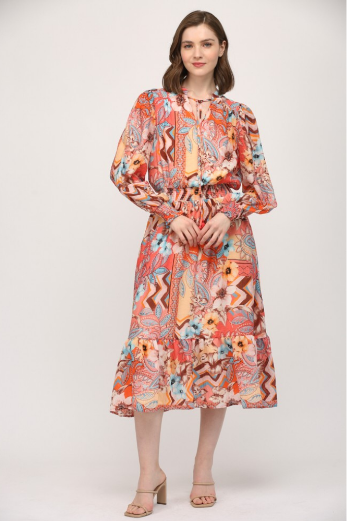 Fall Floral Patchwork Midi Dress