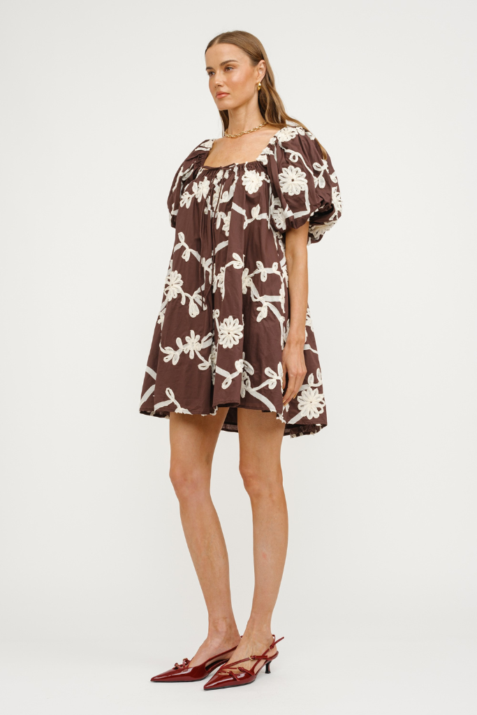 Short and Sweet Embroidered Mini Dress in Brown