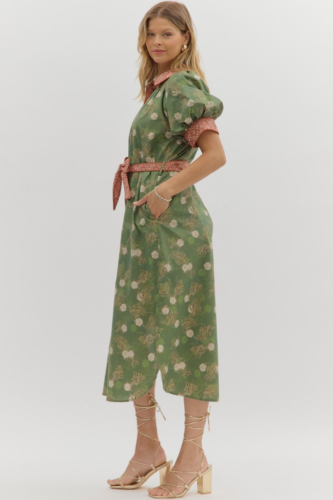 Autumn Floral Belted Midi Dress