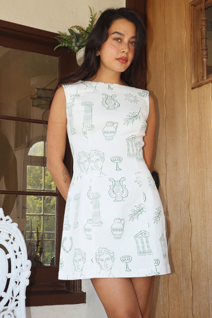 Athena Grecian Print Mini Dress