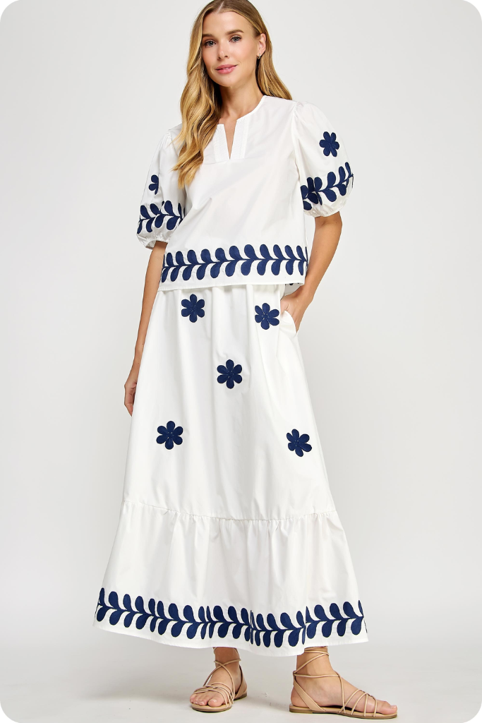 Rosie Floral Embroidered Top in Off White Navy