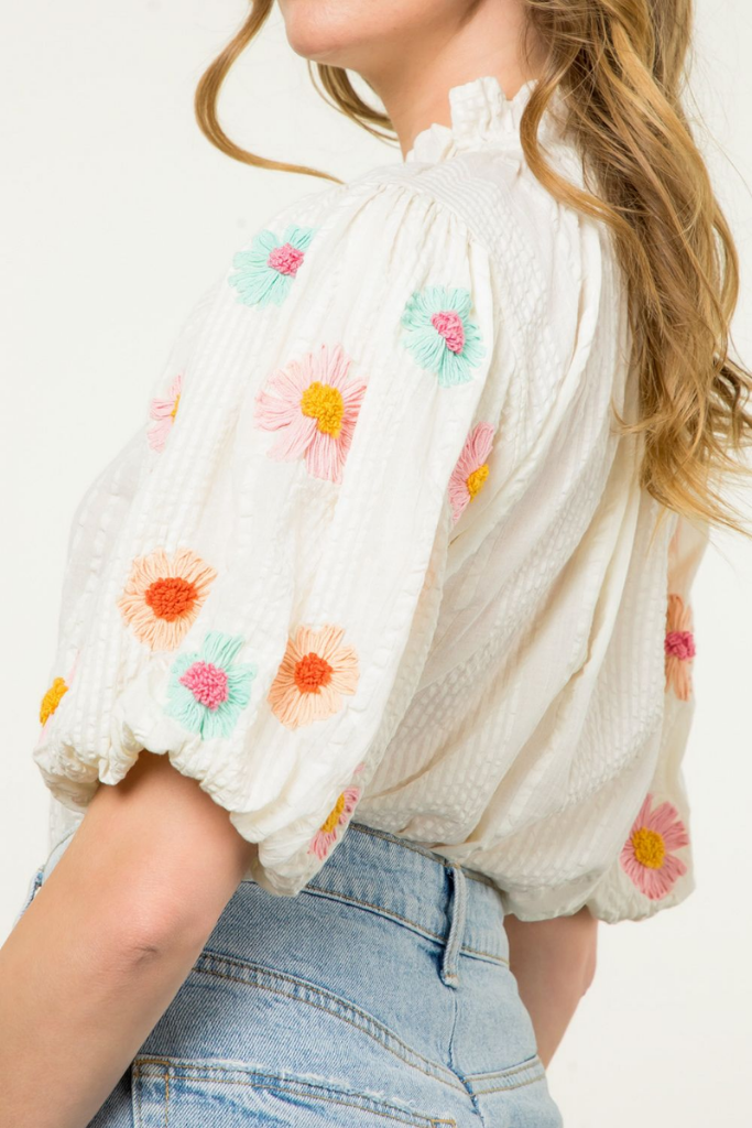 Alma Floral Embroidered Puff Sleeve Top