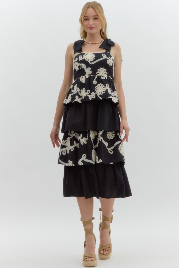 Daphne Tiered Midi Dress in Black