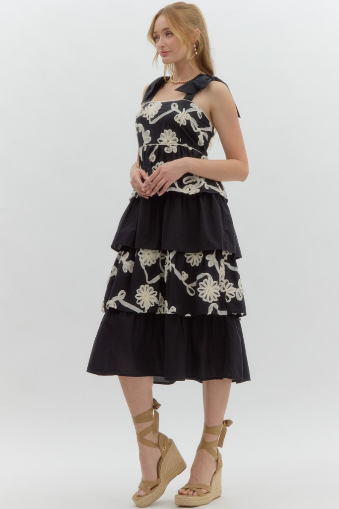 Daphne Tiered Midi Dress in Black