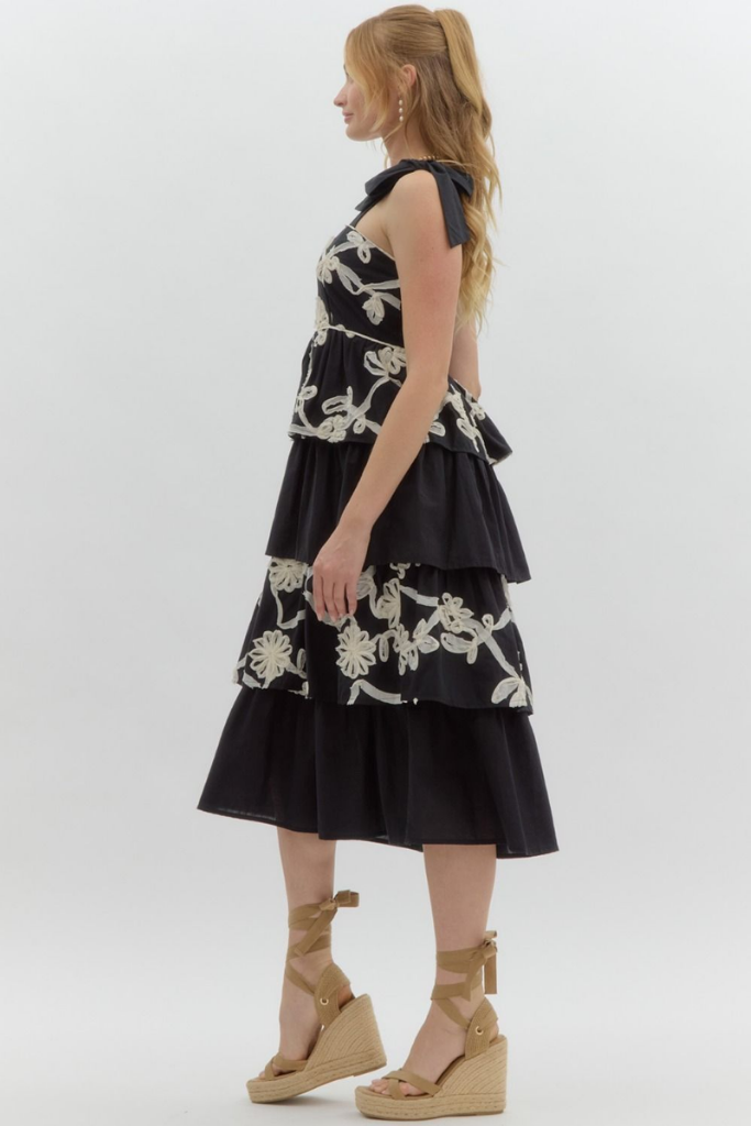 Daphne Tiered Midi Dress in Black