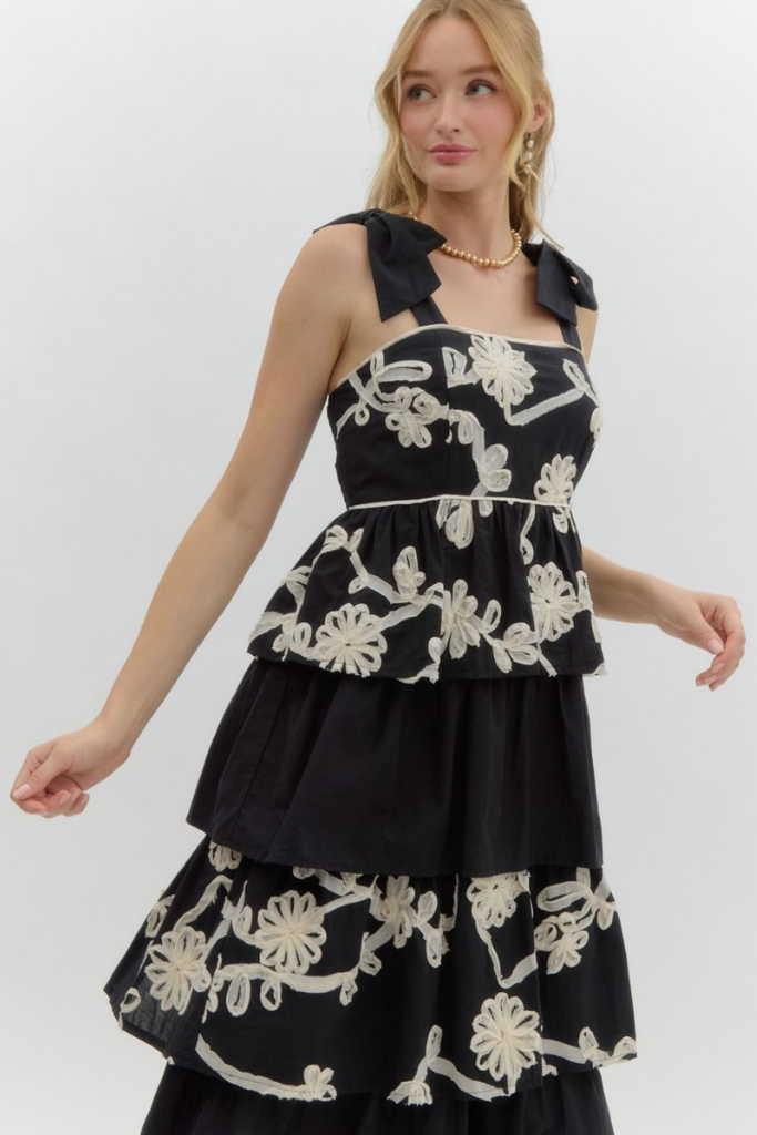 Daphne Tiered Midi Dress in Black