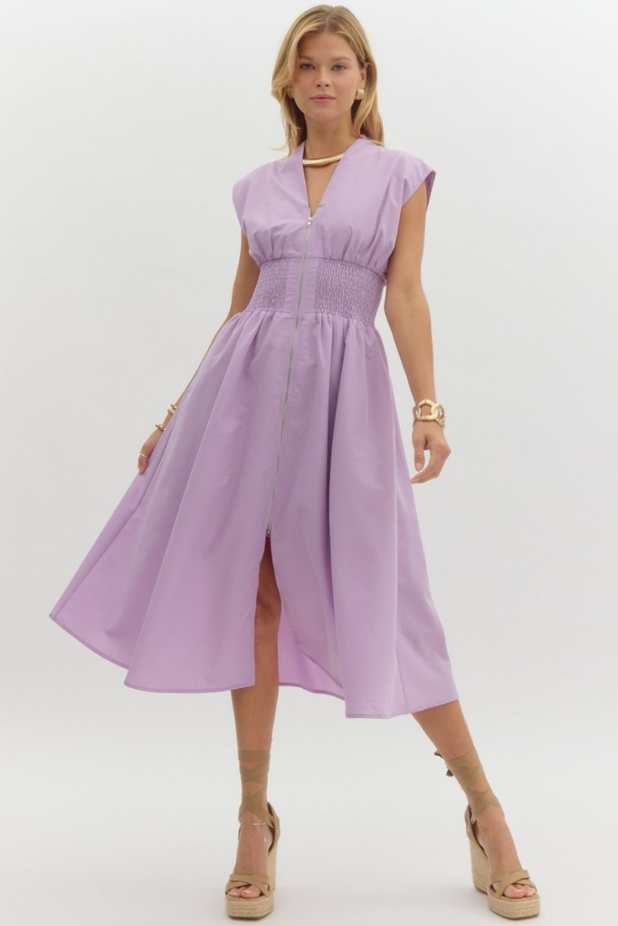 Elizabeth Zip Front Midi Dress in Lavender