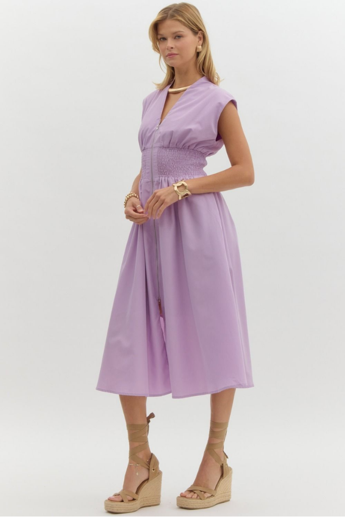 Elizabeth Zip Front Midi Dress in Lavender