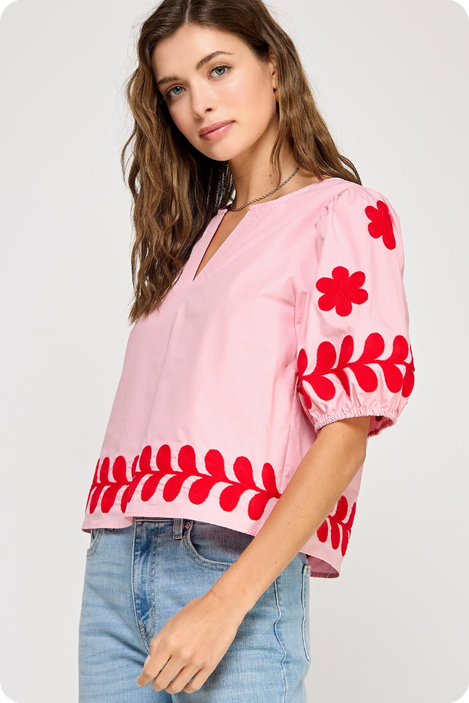 Rosie Floral Embroidered Top in Pink Red