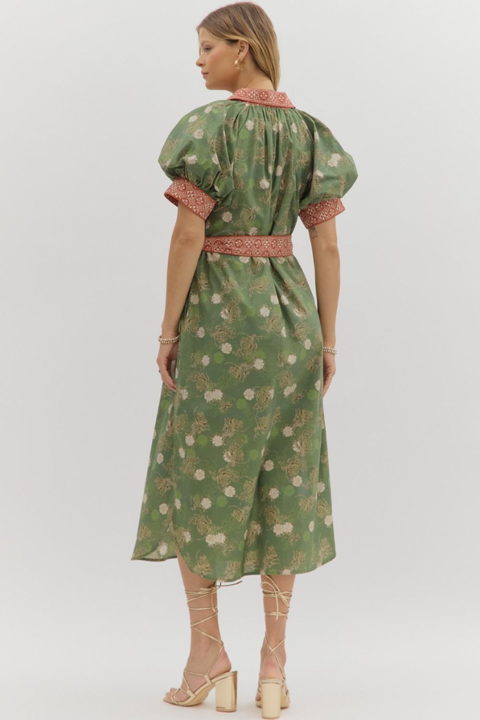 Autumn Floral Belted Midi Dress
