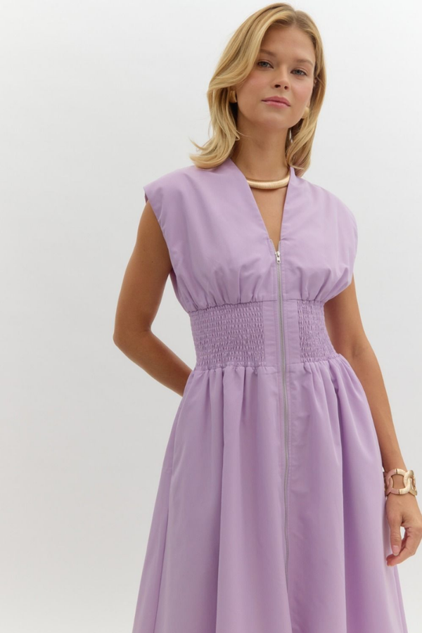 Elizabeth Zip Front Midi Dress in Lavender