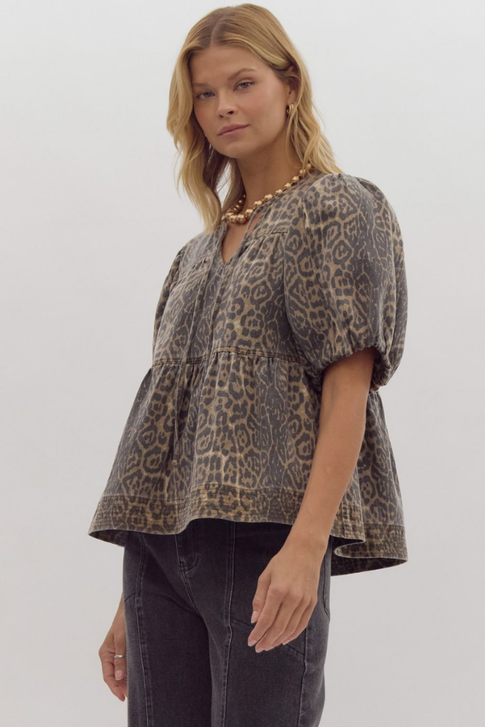 Bette Leopard Print Denim Babydoll Top