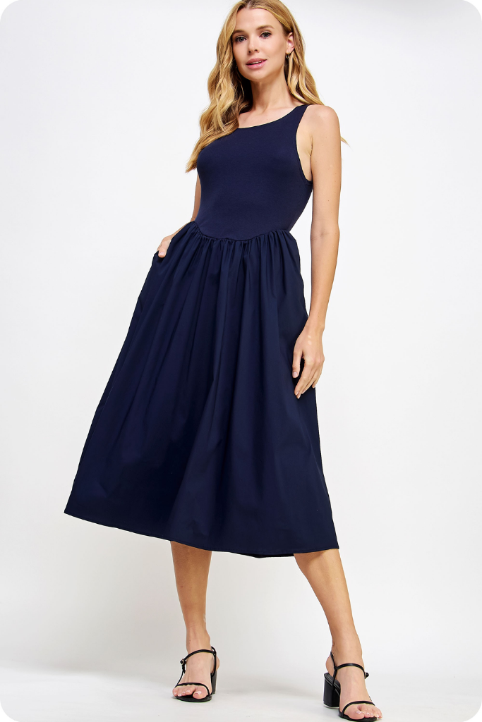 Sidney Sleeveless Midi Dress in Navy