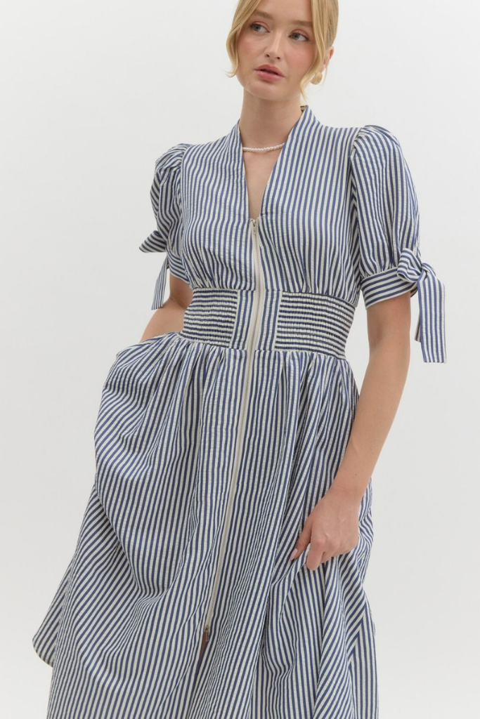 Valentina Stripe Zip Front Midi Dress