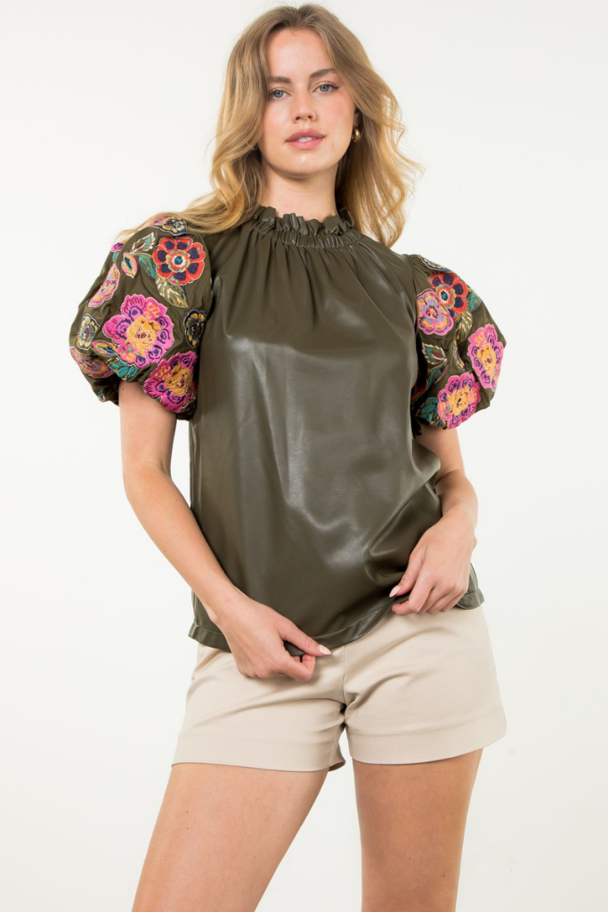 Annie Floral Embroidered Vegan Leather Top