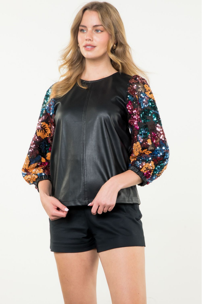 Maeve Vegan Leather Sequin Sleeve Top