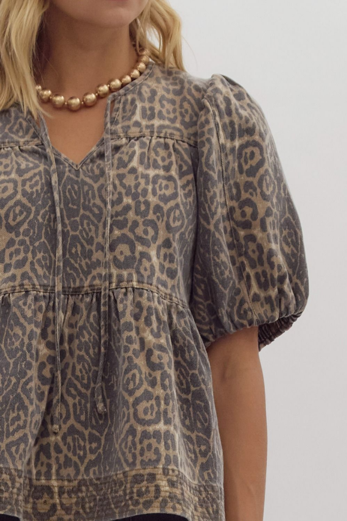 Bette Leopard Print Denim Babydoll Top