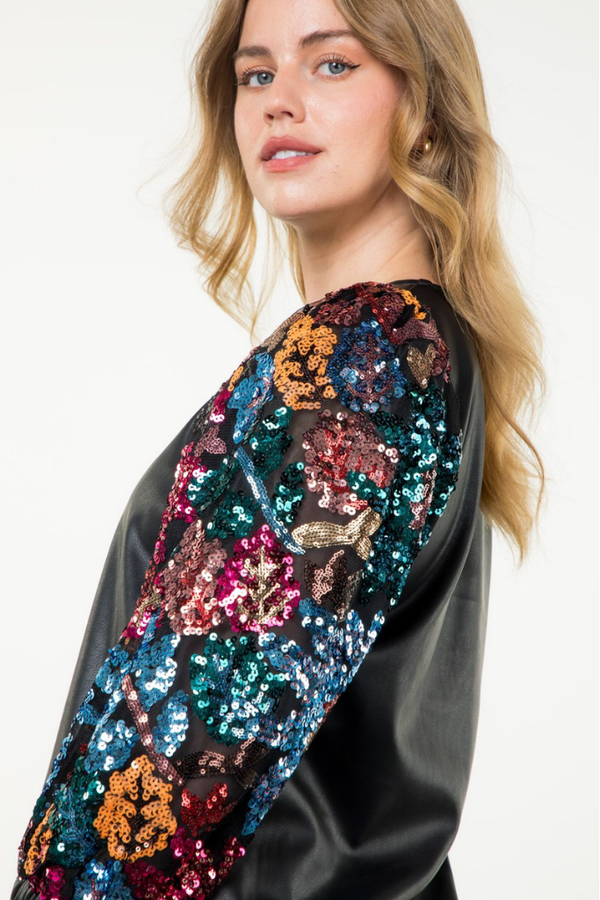 Maeve Vegan Leather Sequin Sleeve Top