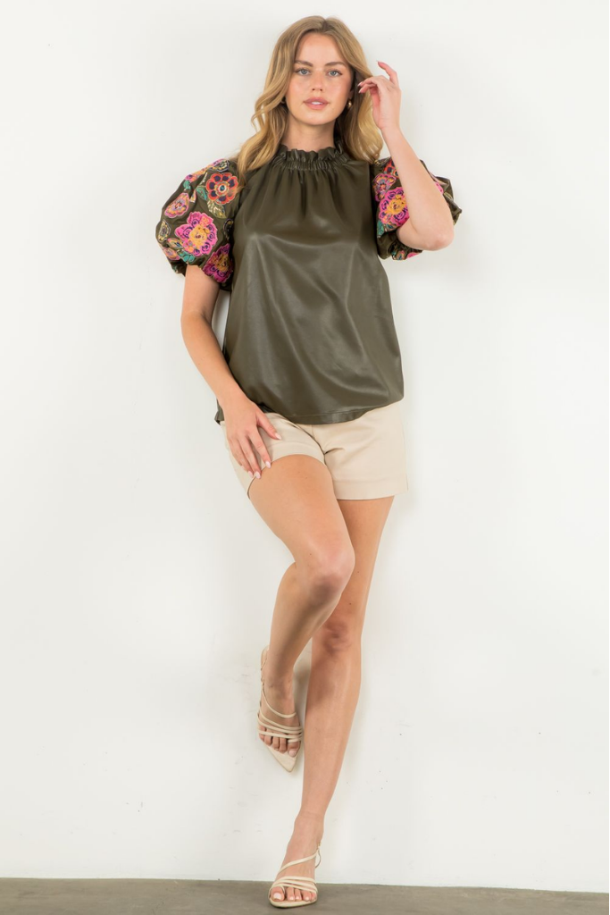 Annie Floral Embroidered Vegan Leather Top