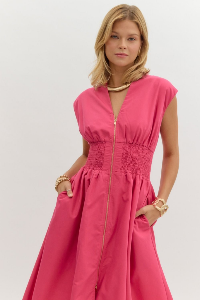 Elizabeth Zip Front Midi Dress in Magenta