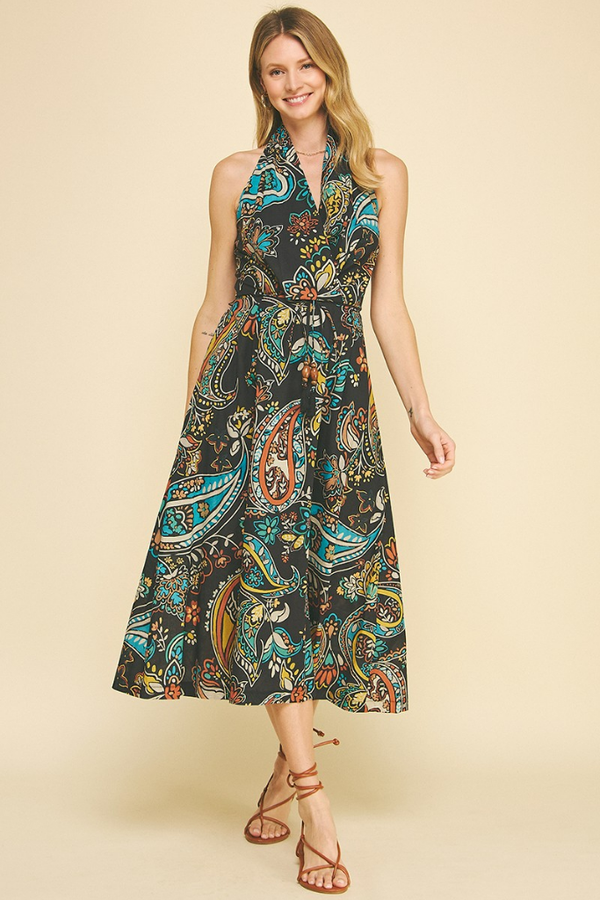 Bianca Paisley Halter Midi Dress