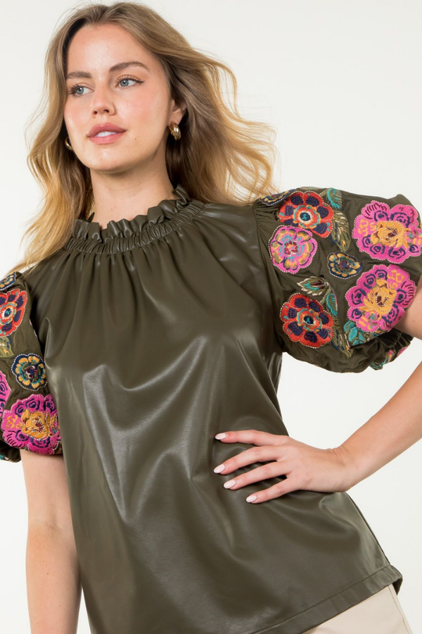 Annie Floral Embroidered Vegan Leather Top