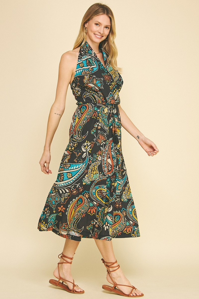 Bianca Paisley Halter Midi Dress
