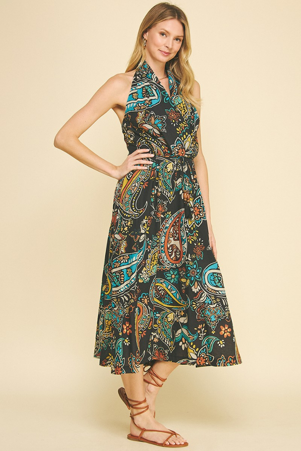 Bianca Paisley Halter Midi Dress