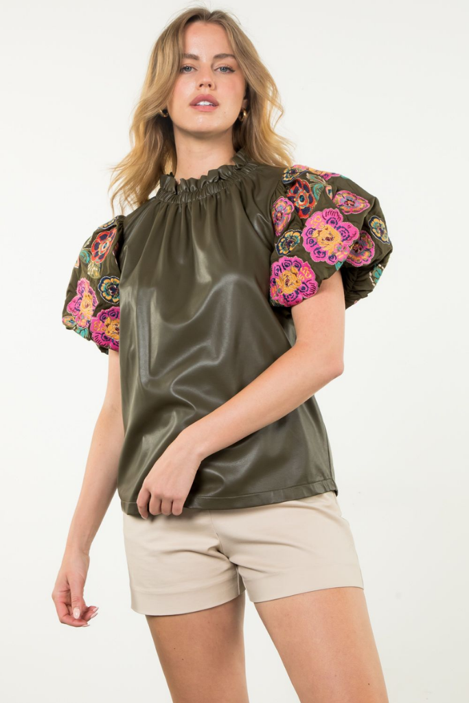 Annie Floral Embroidered Vegan Leather Top