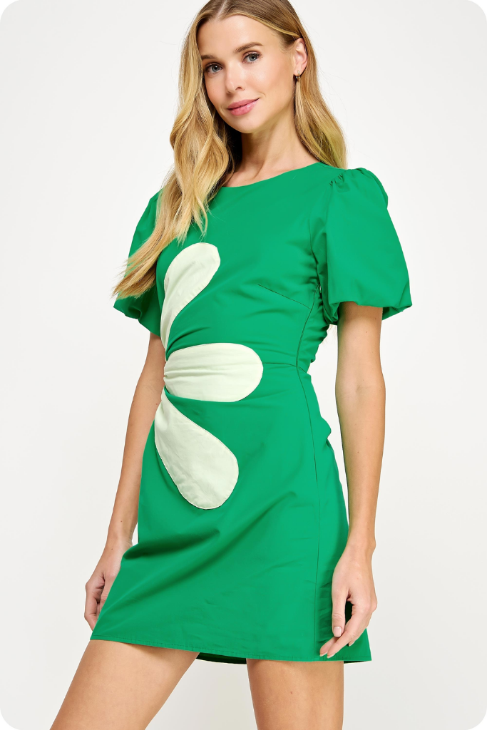 Junie Daisy Puff Sleeve Mini Dress in Emerald