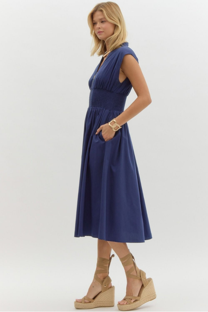 Elizabeth Zip Front Midi Dress in Navy