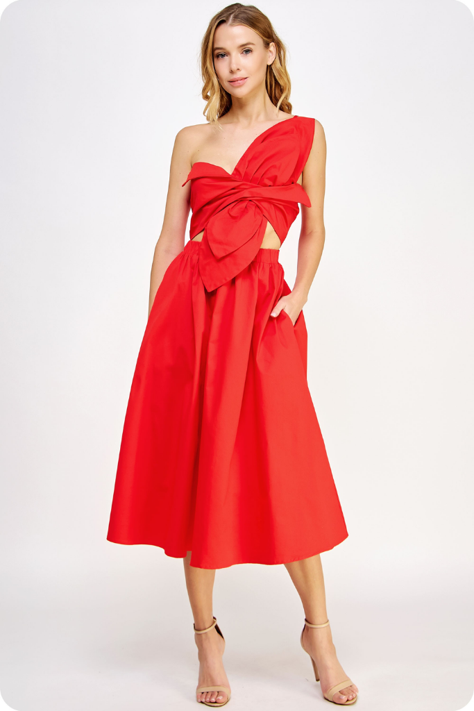 Sofia Cut Out Bow Midi Dress in Cherry Red