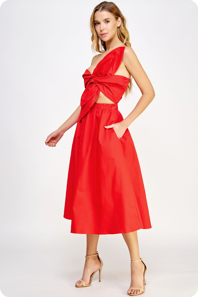 Sofia Cut Out Bow Midi Dress in Cherry Red