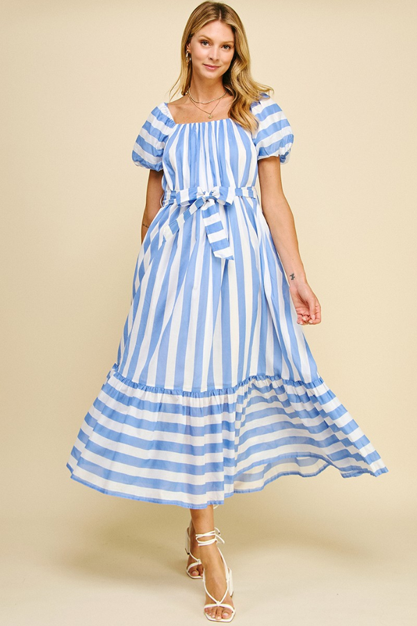 Venice Stripe Puff Sleeve Midi Dress