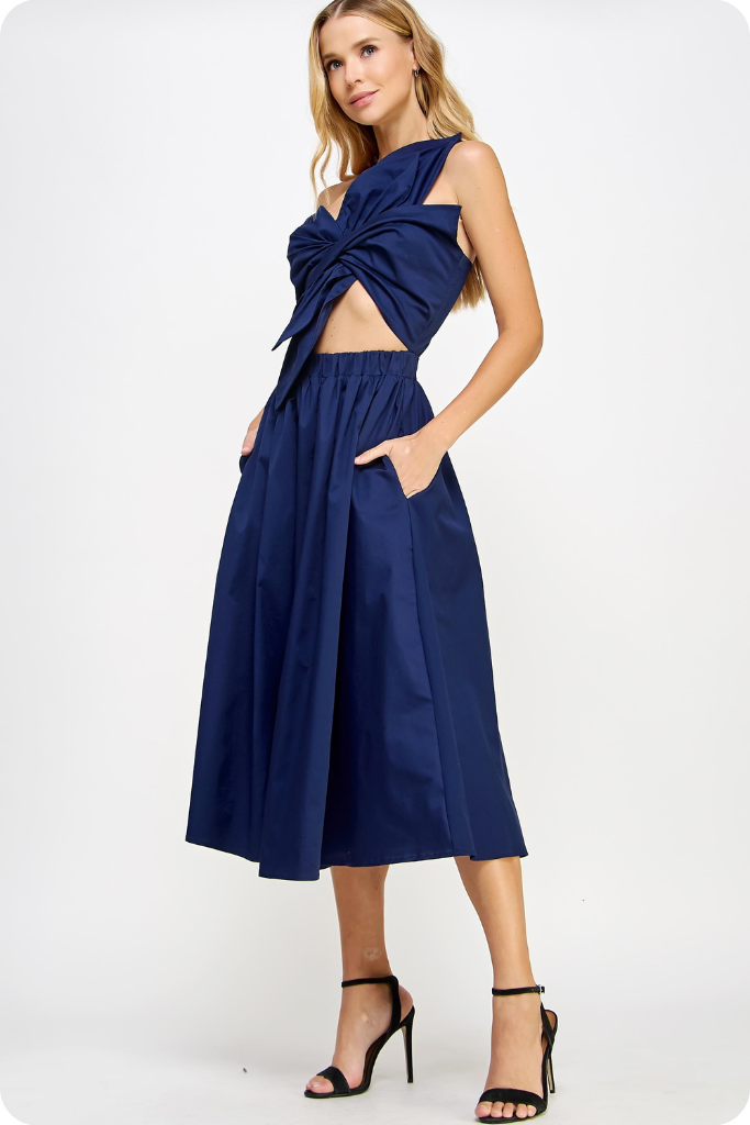 Sofia Cut Out Bow Midi Dress in Navy