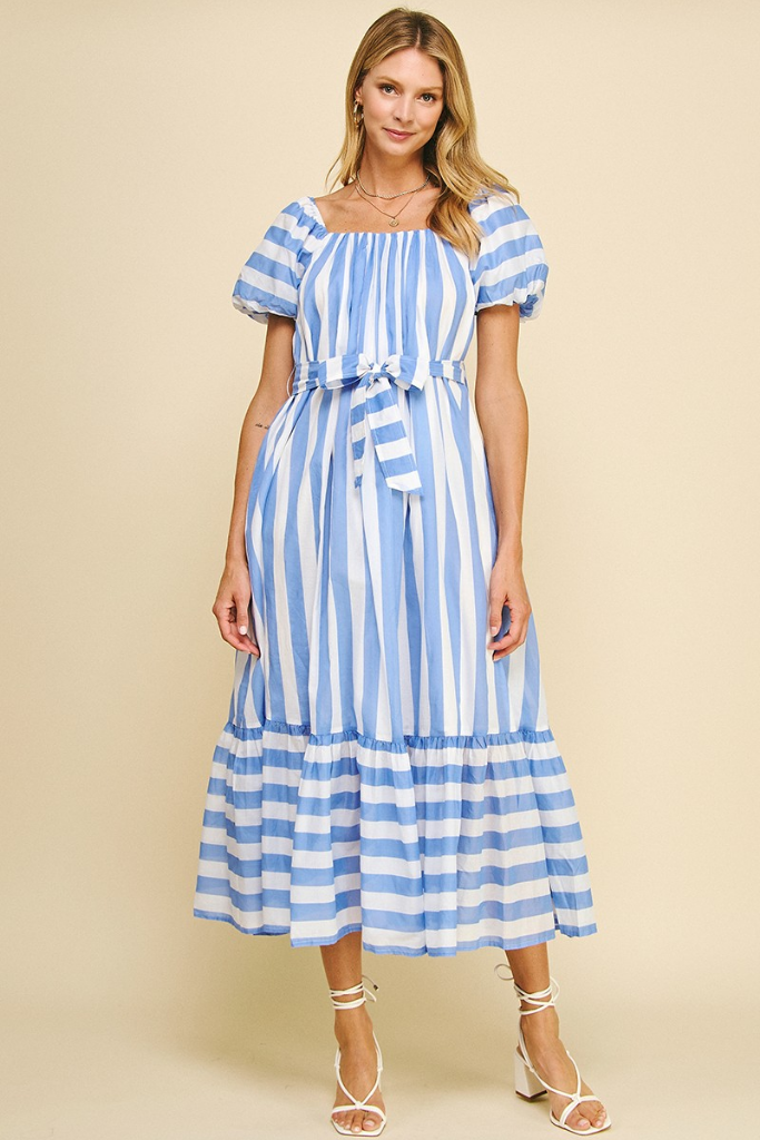 Venice Stripe Puff Sleeve Midi Dress