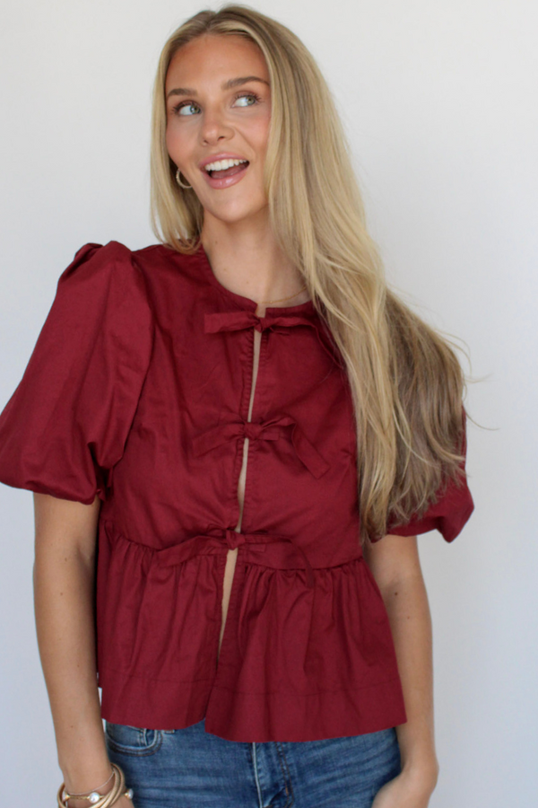 Emma Tie Front Top In Burgundy