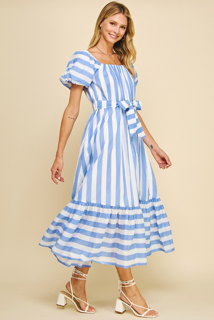 Venice Stripe Puff Sleeve Midi Dress