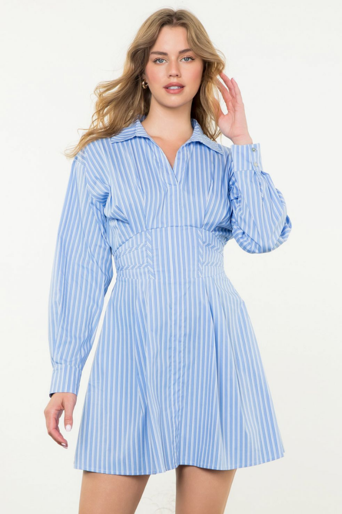 Isla Stripe Long Sleeve Dress in Light Blue