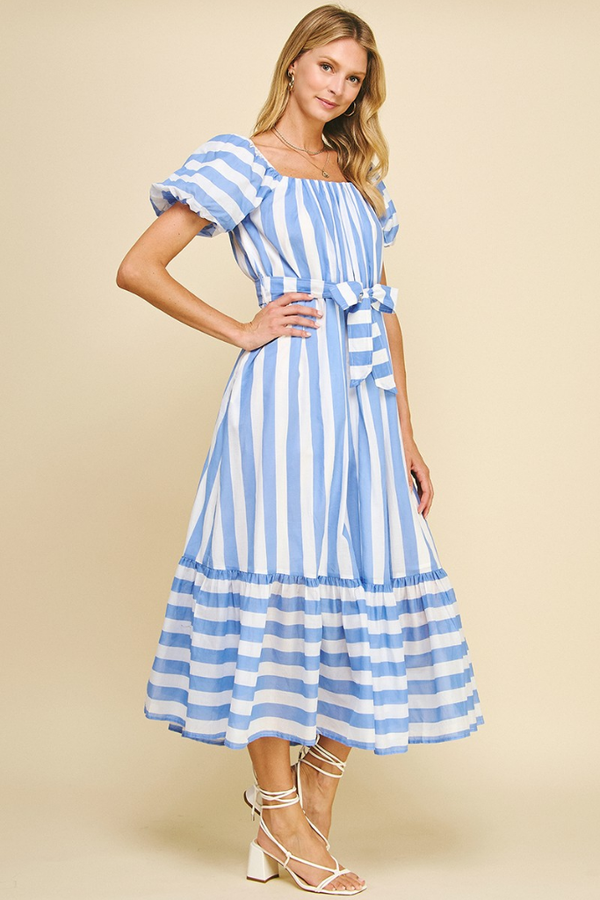 Venice Stripe Puff Sleeve Midi Dress