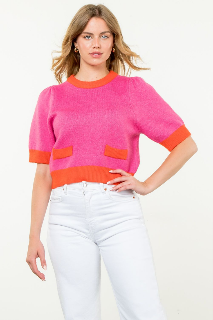 Cameron Colorblock Trim Sweater in Pink