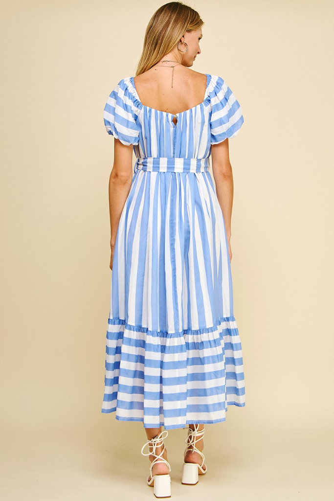 Venice Stripe Puff Sleeve Midi Dress