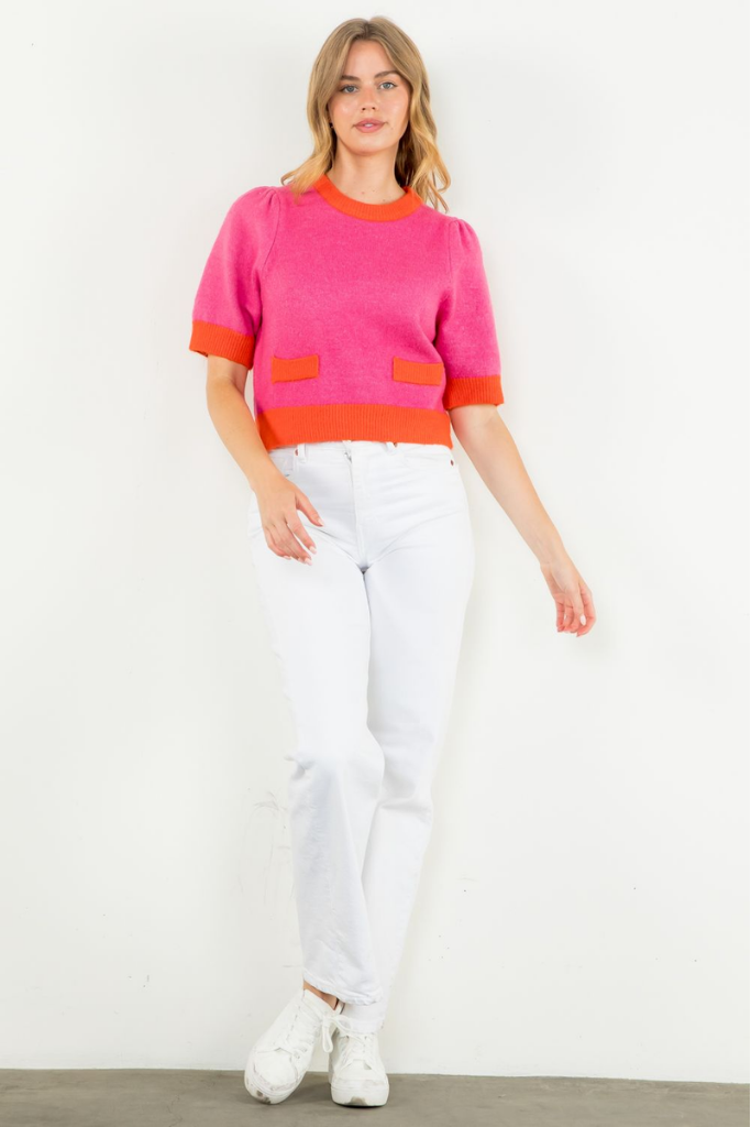 Cameron Colorblock Trim Sweater in Pink