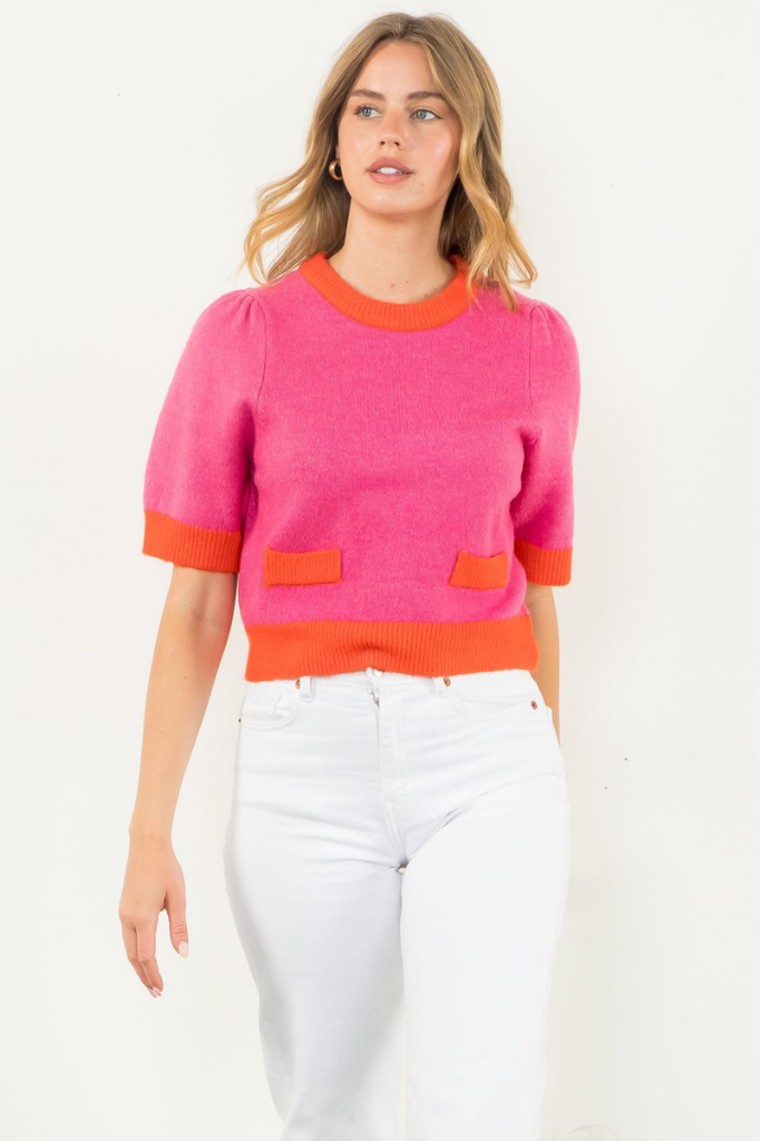 Cameron Colorblock Trim Sweater in Pink