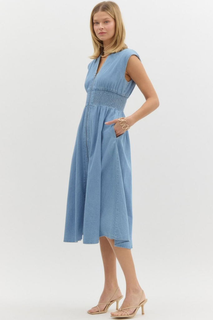 Elizabeth Denim Zip Front Midi Dress
