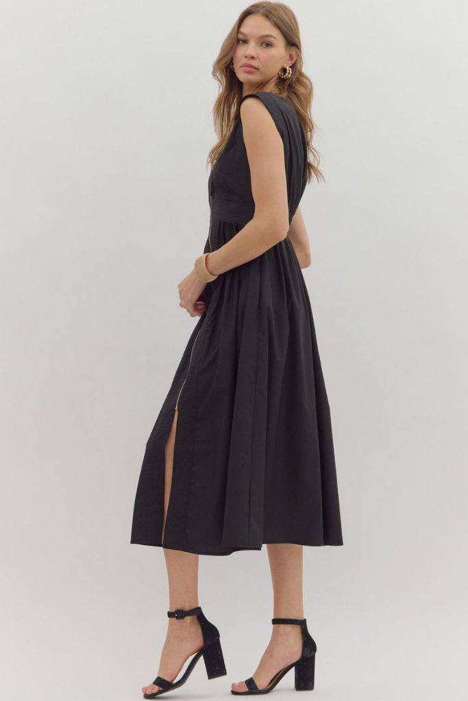 Elizabeth Zip Front Midi Dress in Black