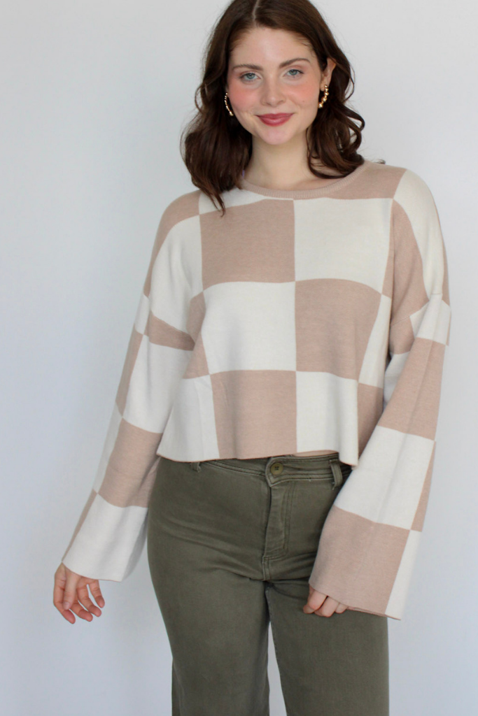 Groovy Baby Checker Sweater in Taupe