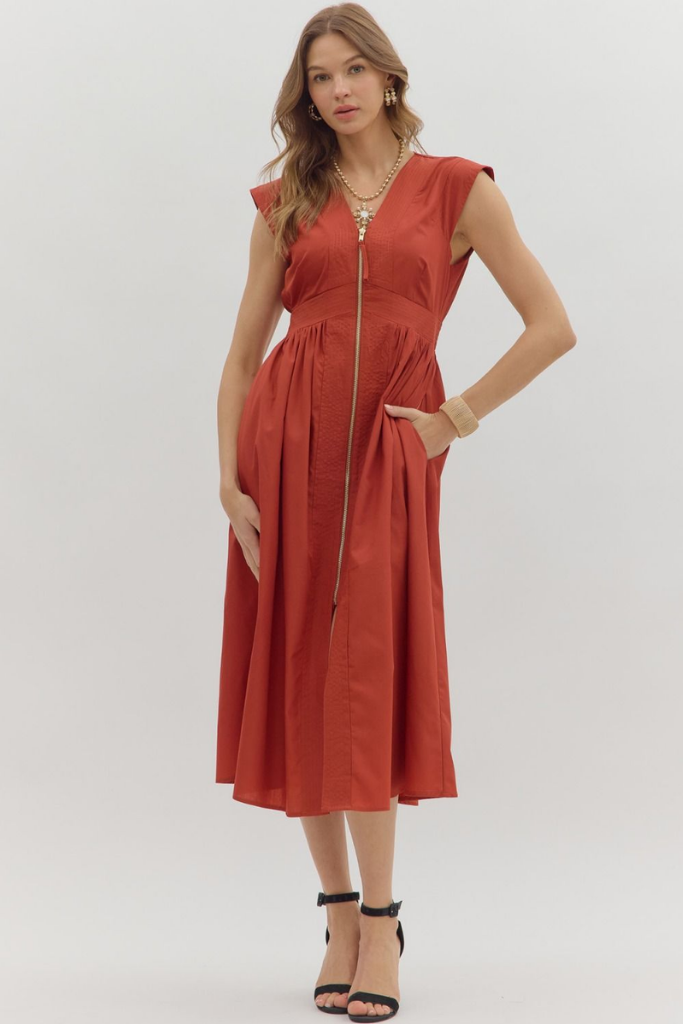 Elizabeth Zip Front Midi Dress in Brick