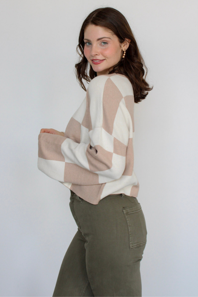 Groovy Baby Checker Sweater in Taupe